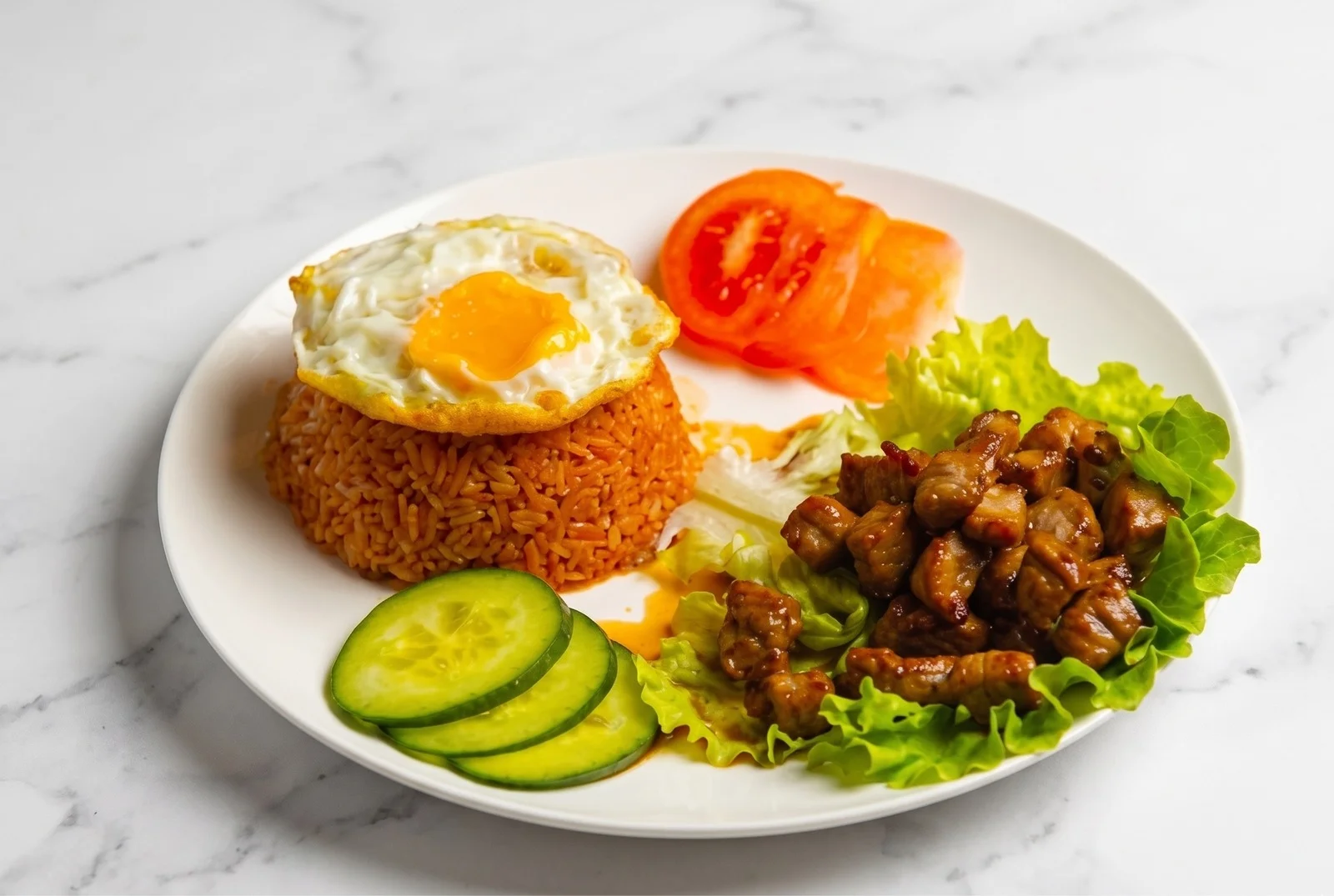 Beef loc lac set meal plate with tomato rice, fried egg, cucumber and tomato