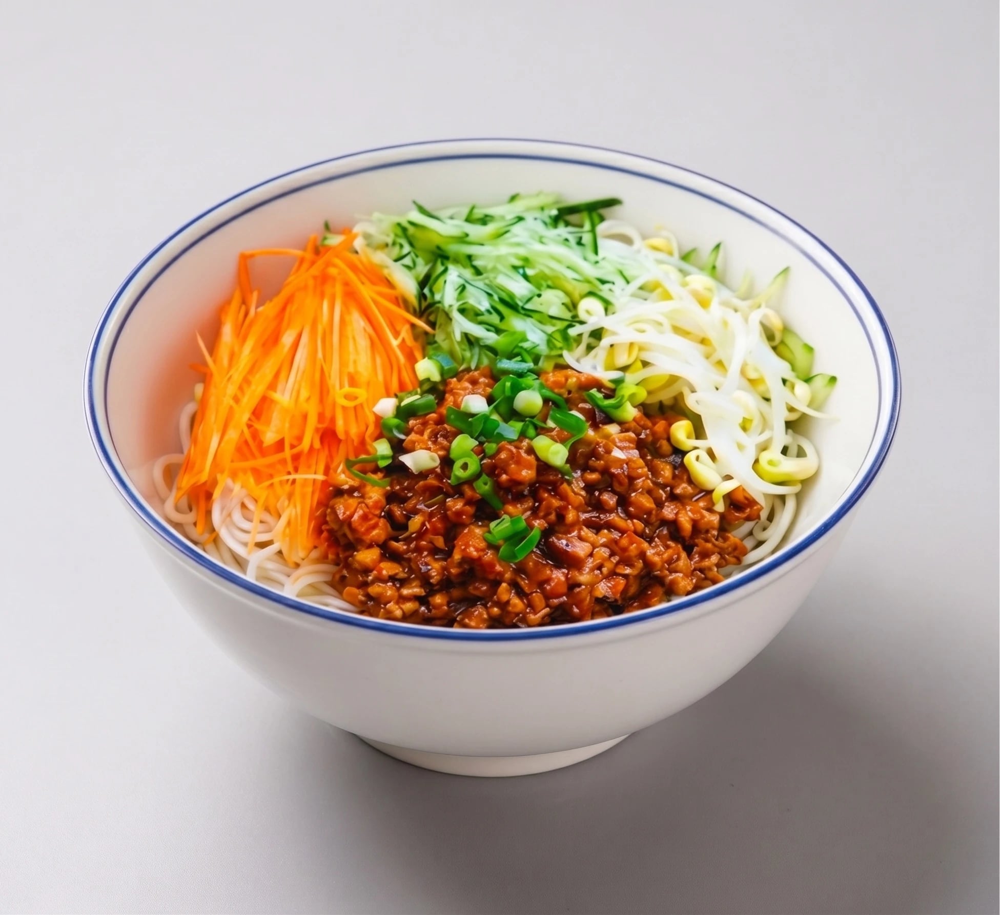 Zhajiangmian, noodles with soybean sauce, carrots and cucumber